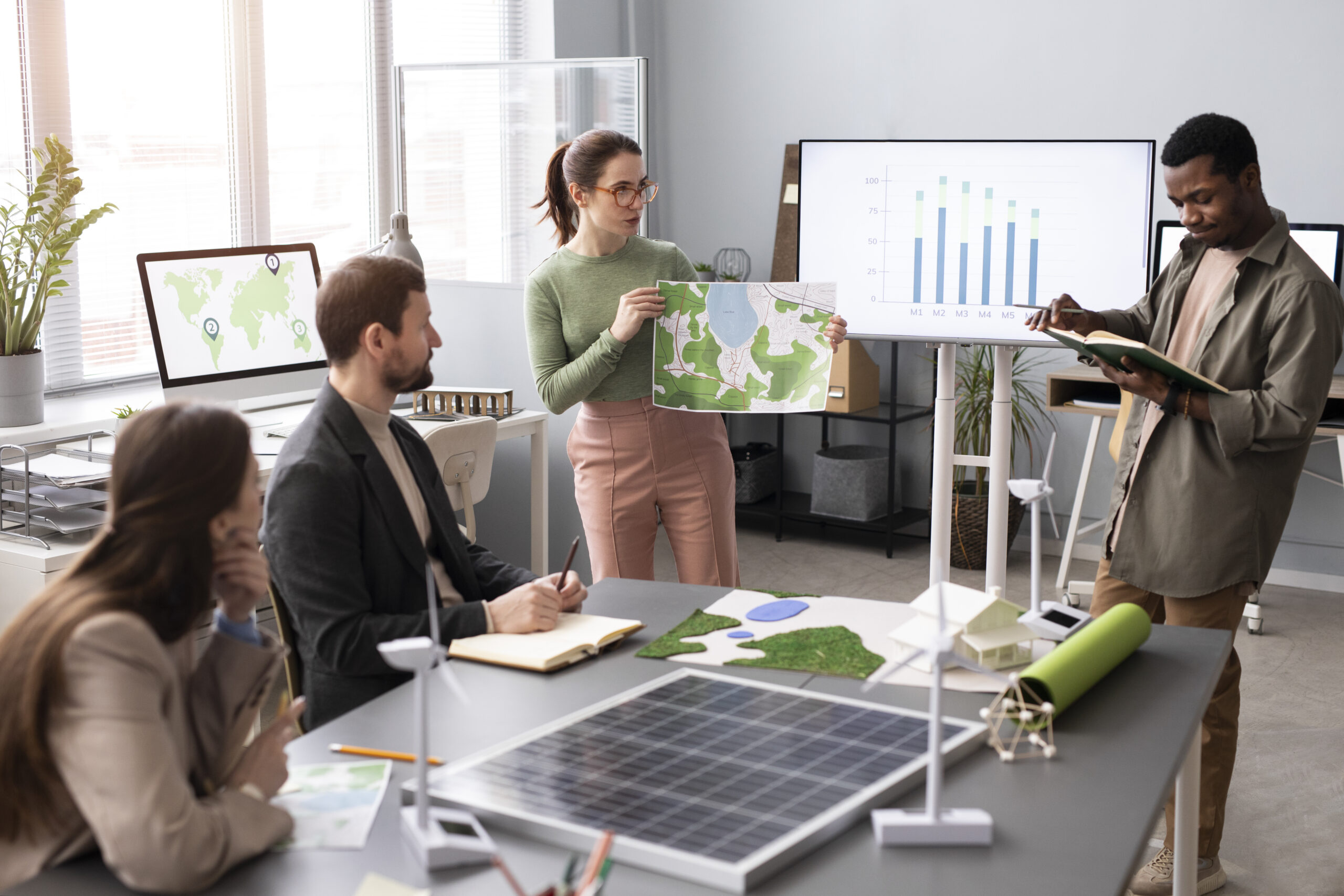 A team of professionals in a modern office discusses environmental planning and fiscal strategy. One woman presents a topographic map while another man notes data shown on a bar chart. Solar panel models and wind turbines on the table symbolize the integration of green energy with fiscal sustainability goals.