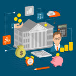 Illustration depicting the concept of ringfencing in banking, showing a government building surrounded by financial icons such as coins, tax forms, calculators, balance scales, and a piggy bank—symbolizing the separation of retail banking from riskier investment operations for greater financial stability.