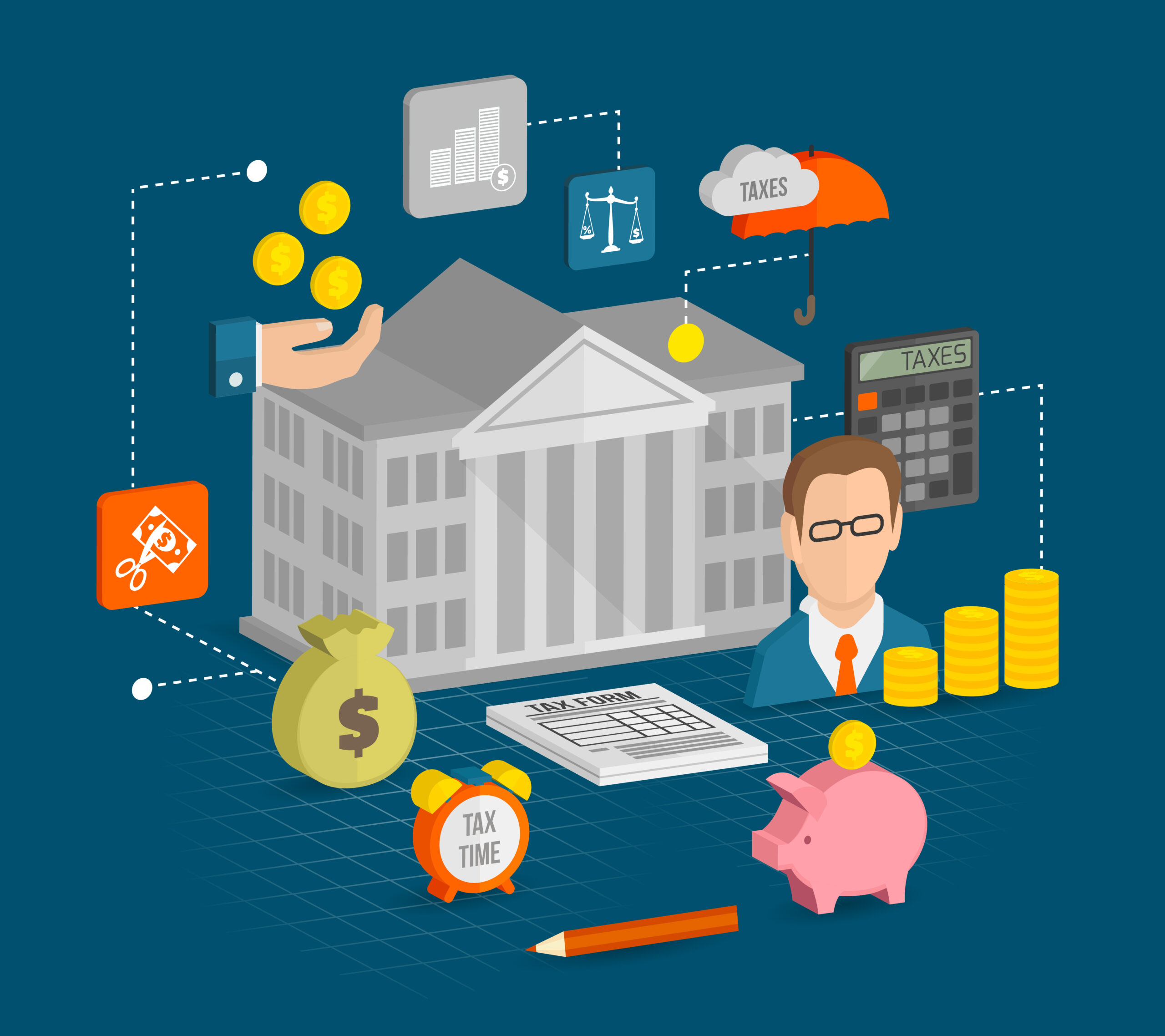 Illustration depicting the concept of ringfencing in banking, showing a government building surrounded by financial icons such as coins, tax forms, calculators, balance scales, and a piggy bank—symbolizing the separation of retail banking from riskier investment operations for greater financial stability.