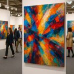 Pintura abstrata vibrante em exposição em um estande moderno de feira de arte britânica, com visitantes caminhando e observando as obras, atmosfera colorida e dinâmica, estilo de fotografia contemporânea.