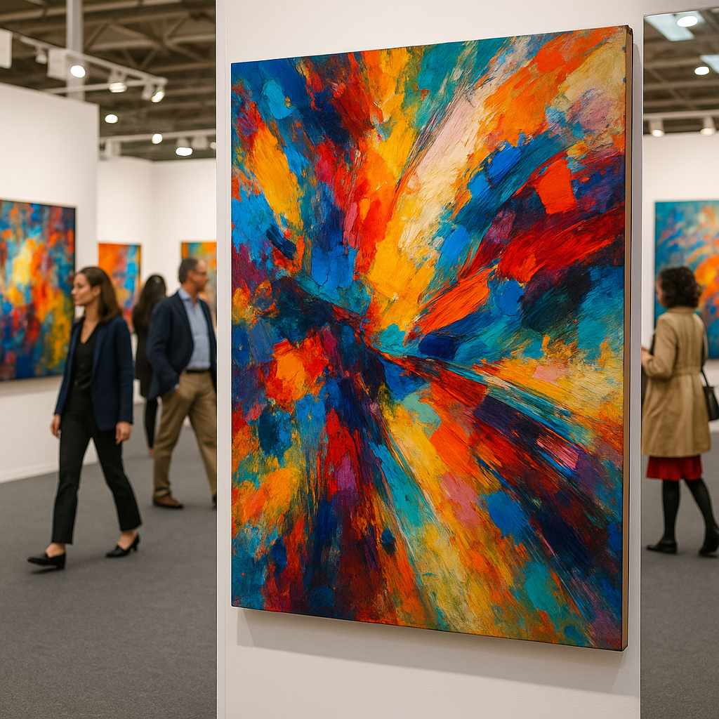 Pintura abstrata vibrante em exposição em um estande moderno de feira de arte britânica, com visitantes caminhando e observando as obras, atmosfera colorida e dinâmica, estilo de fotografia contemporânea.