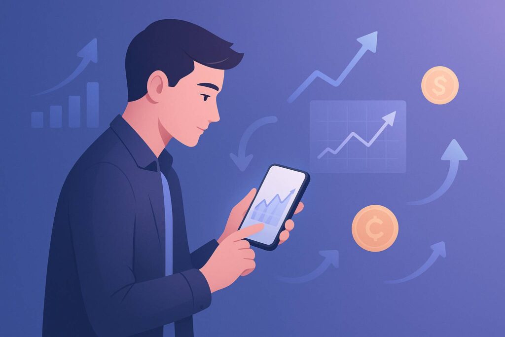 A modern minimalist digital illustration of a young professional checking investment graphs on a smartphone, surrounded by abstract financial symbols like arrows, charts, and coins, with soft futuristic lighting and a tech-inspired aesthetic.