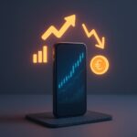 A creative 3D render of a smartphone floating above a desk with glowing stock market icons, symbolizing both opportunity and uncertainty in digital investing, balanced between sleek technology and subtle cautionary tones.