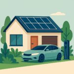 Minimalist UK home with solar panels on the roof, an electric car charging outside, and lush greenery, illustrated in clean vector style with flat colors and eco-friendly aesthetics.