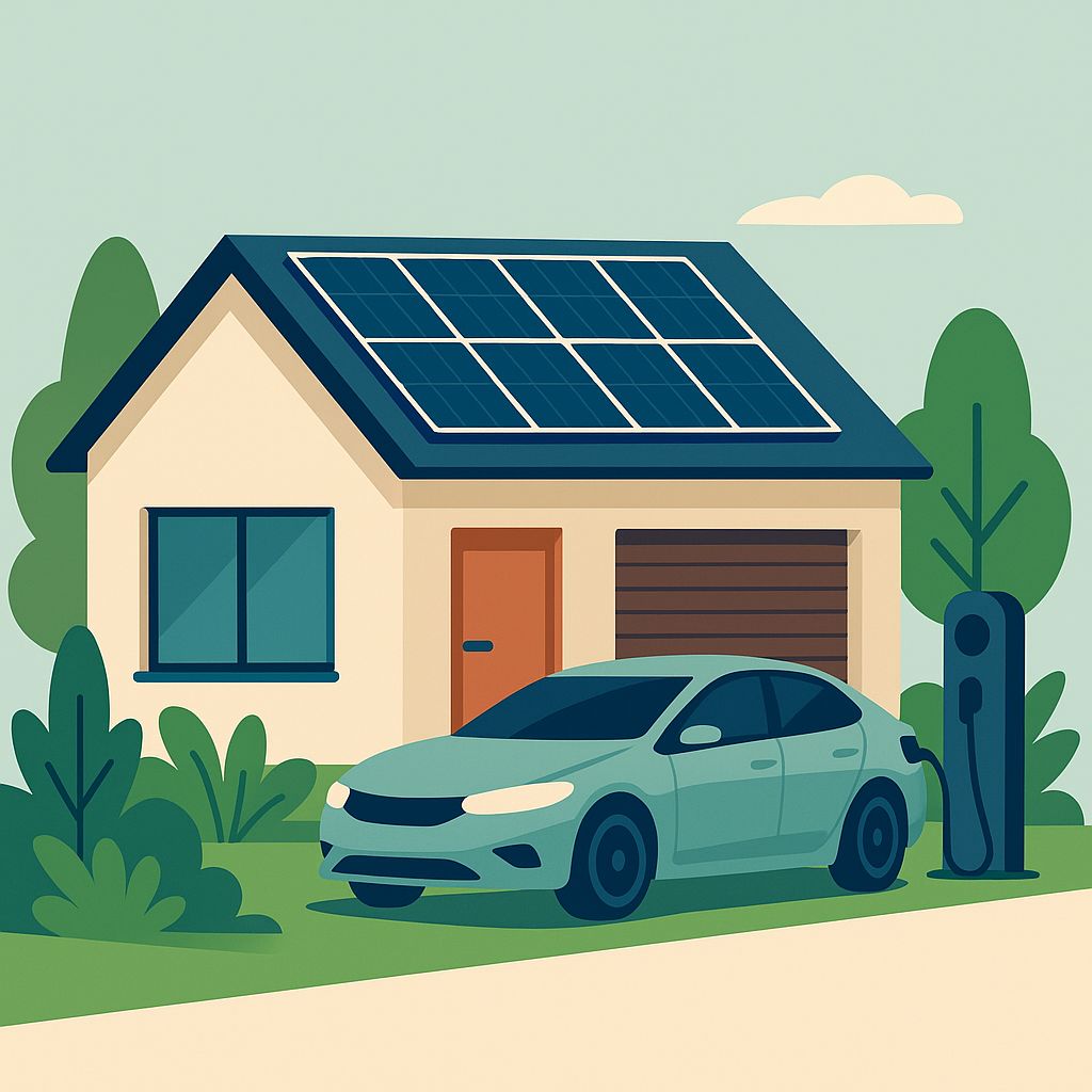 Minimalist UK home with solar panels on the roof, an electric car charging outside, and lush greenery, illustrated in clean vector style with flat colors and eco-friendly aesthetics.