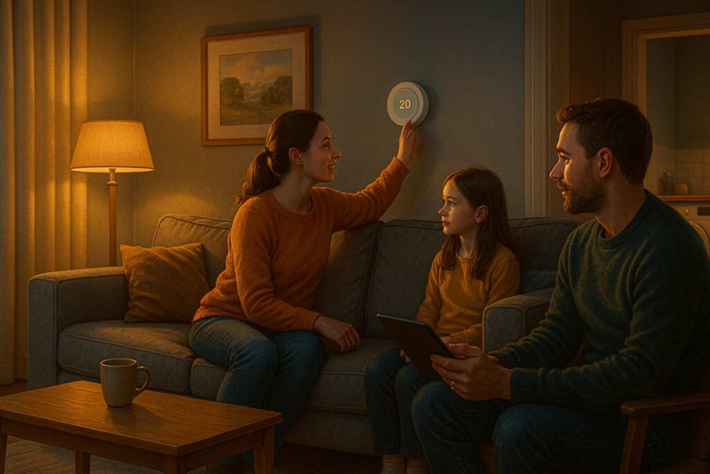 A warm British living room at dusk, softly illuminated with LED lights, where a family adjusts a smart thermostat while a washing machine runs in the background, symbolizing smart energy management.