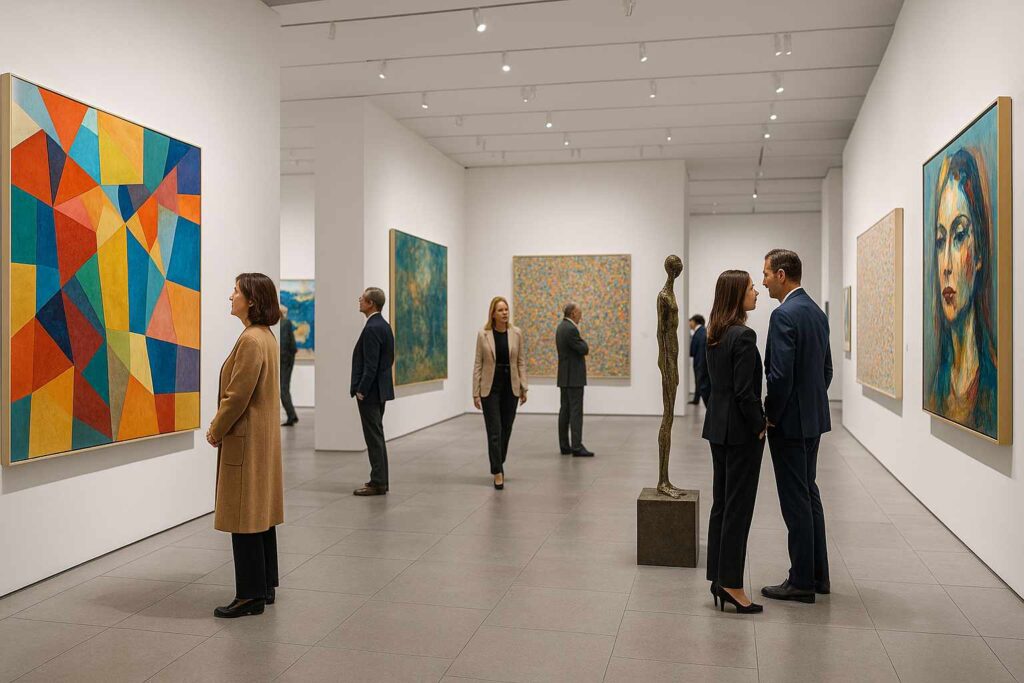 Interior de uma galeria de arte moderna em Londres, com paredes brancas exibindo pinturas contemporâneas e visitantes sofisticados observando esculturas e quadros sob luz natural suave, em estilo hiper-realista.