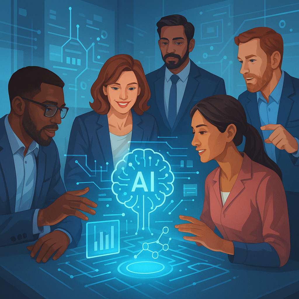 Diverse professionals collaborating around glowing holographic AI interfaces in a modern office, symbolizing innovation and investment synergy.