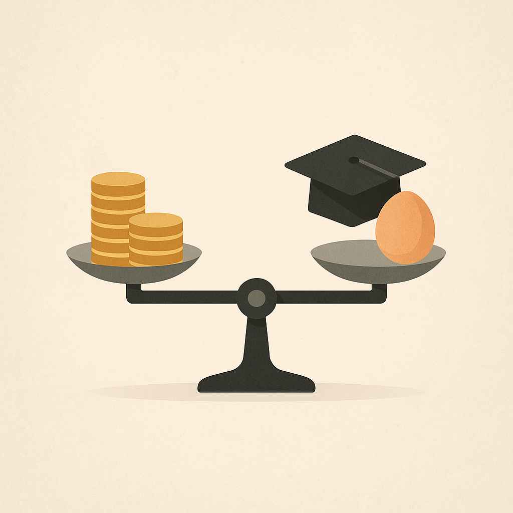 A minimalist conceptual artwork of balanced scales with golden coins on one side and a graduation cap with a nest egg on the other, set against a neutral textured background.