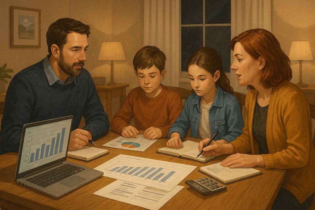 A modern British family of four sitting around a dining table with laptops, notebooks, and financial charts, discussing their household budget in a warmly lit home, depicted in a realistic digital illustration style.