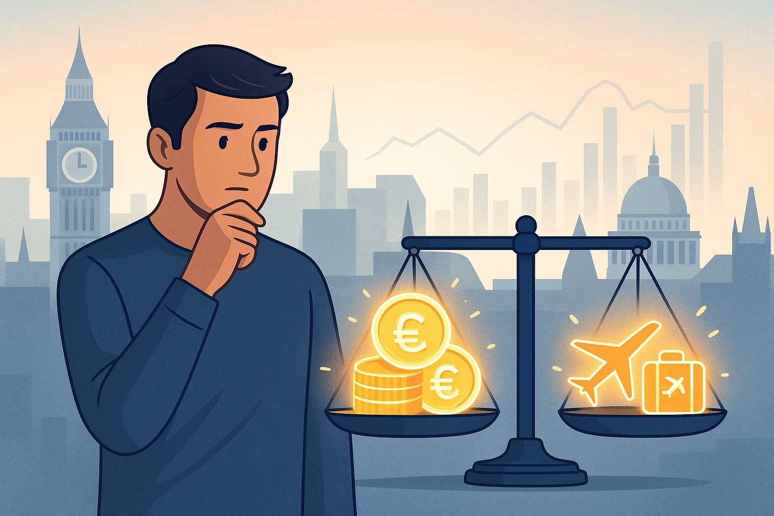 A modern illustration of a man weighing cashback coins against travel rewards on a balanced scale, set before a stylized UK cityscape with financial charts.