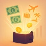 A creative illustration of a wallet emitting glowing beams that transform into banknotes, coins, and travel icons, symbolizing flexible spending choices on a soft gradient background.
