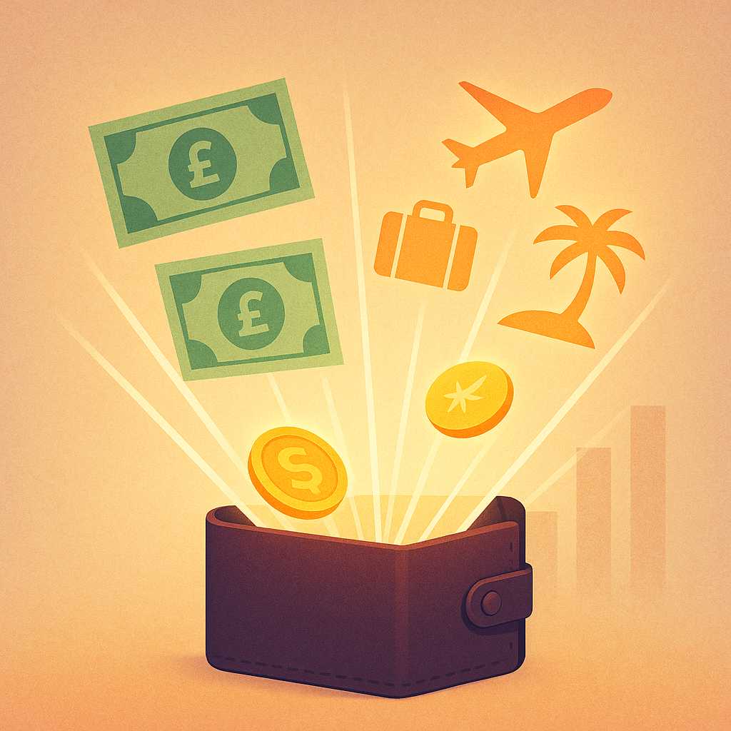A creative illustration of a wallet emitting glowing beams that transform into banknotes, coins, and travel icons, symbolizing flexible spending choices on a soft gradient background.