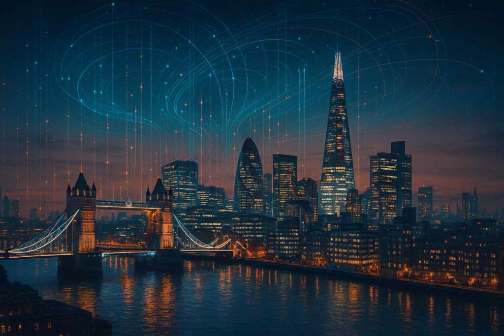 Futuristic London skyline at night with Tower Bridge and skyscrapers illuminated, overlaid by glowing digital AI network streams in the sky.