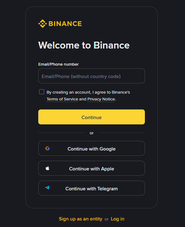 Binance signup screen with Continue and social login options