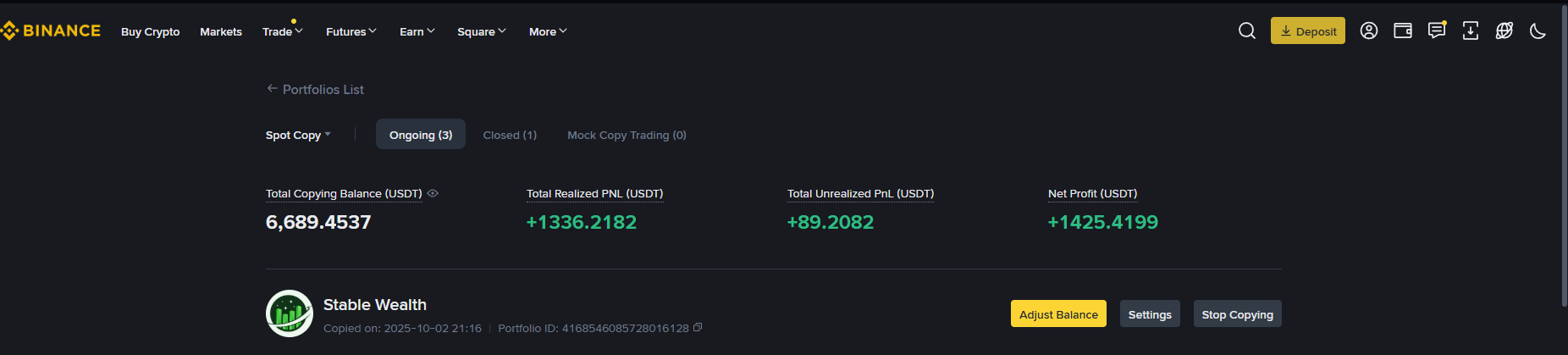 Portfolio area with Deposit, Adjust Balance and Settings