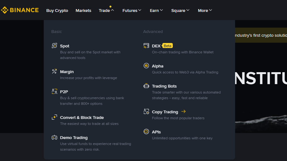 Trade menu highlighting Copy Trading