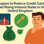 Flat-style illustration showing a man thinking next to financial symbols such as a credit card with a warning sign, a green money bag with a pound (£) symbol, and an upward arrow representing rising interest rates. The image visually communicates strategies to manage and reduce credit card debt in the UK amid increasing borrowing costs.