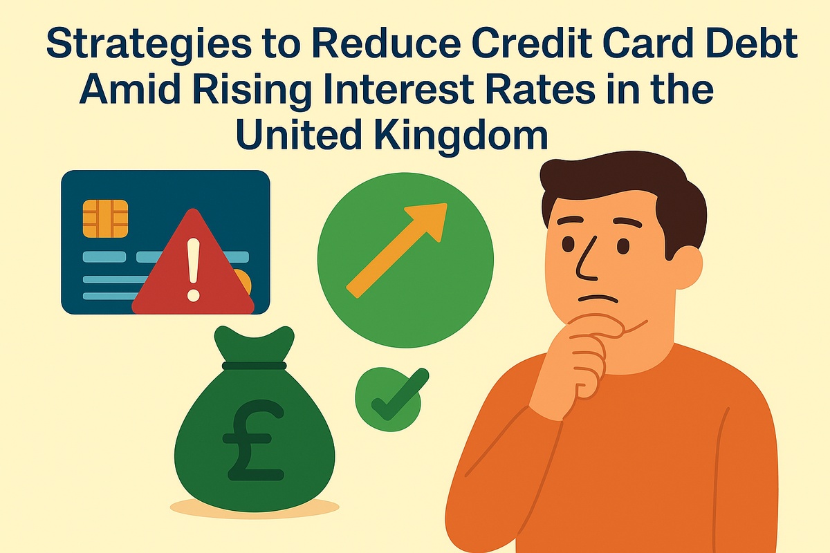 Flat-style illustration showing a man thinking next to financial symbols such as a credit card with a warning sign, a green money bag with a pound (£) symbol, and an upward arrow representing rising interest rates. The image visually communicates strategies to manage and reduce credit card debt in the UK amid increasing borrowing costs.